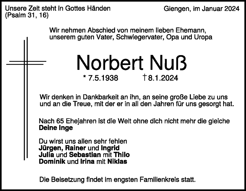  Traueranzeige für Norbert Nuß vom 16.01.2024 aus Heidenheimer Zeitung