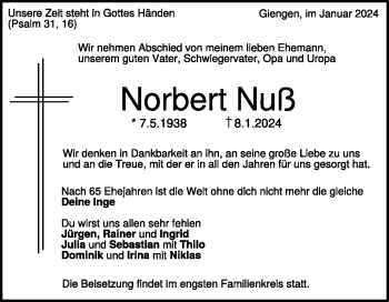 Traueranzeige von Norbert Nuß von Heidenheimer Zeitung