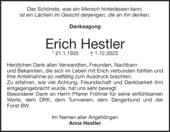 Traueranzeige von Erich Hestler von Heidenheimer Zeitung
