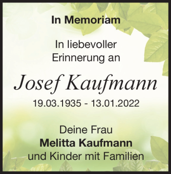 Traueranzeige von Josef Kaufmann von Heidenheimer Zeitung