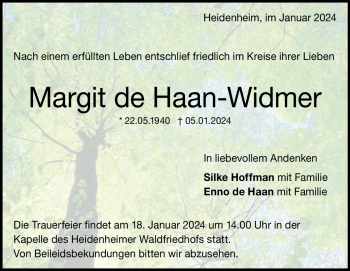 Traueranzeige von Margit de Haan-Widmer von Heidenheimer Zeitung