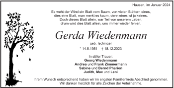 Traueranzeige von Gerda Wiedenmann von Heidenheimer Zeitung