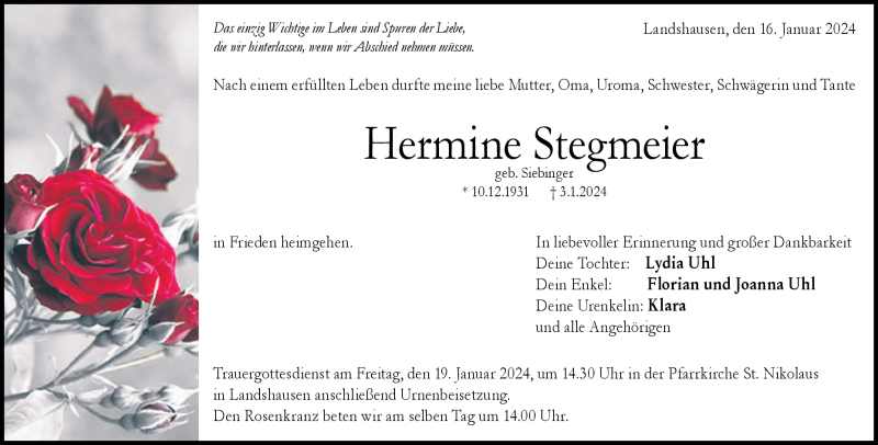  Traueranzeige für Hermine Stegmeier vom 16.01.2024 aus Heidenheimer Zeitung
