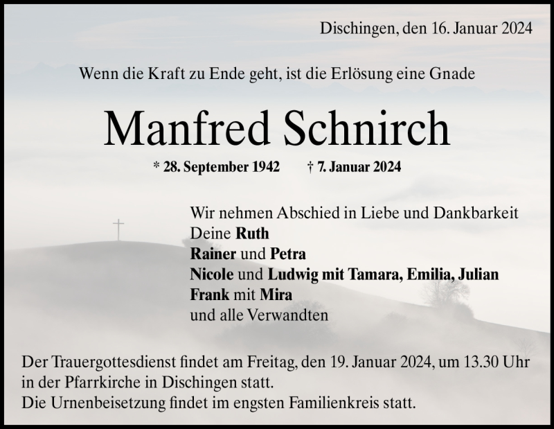  Traueranzeige für Manfred Schnirch vom 16.01.2024 aus Heidenheimer Zeitung