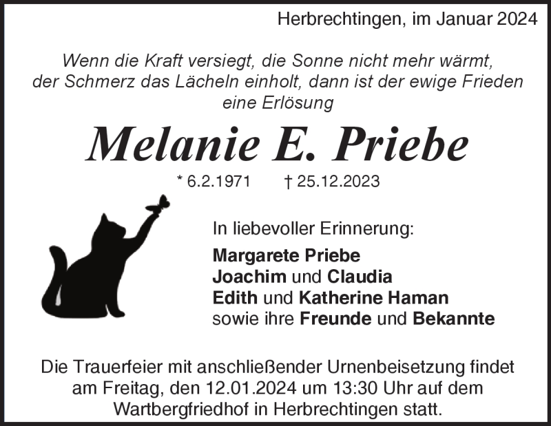  Traueranzeige für Melanie Priebe vom 08.01.2024 aus Heidenheimer Zeitung