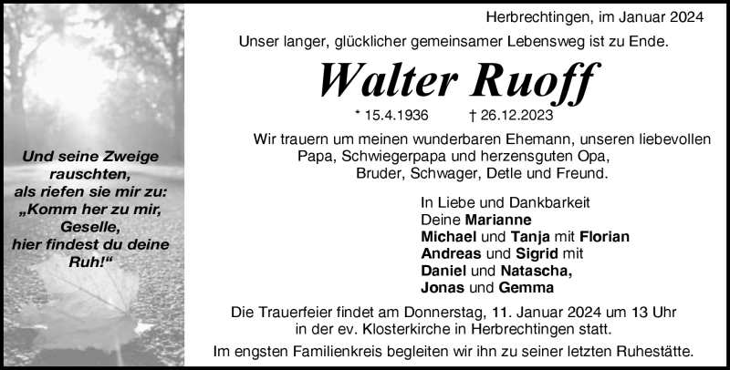  Traueranzeige für Walter Ruoff vom 05.01.2024 aus Heidenheimer Zeitung