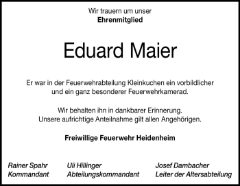 Traueranzeige von Eduard Maier von Heidenheimer Zeitung