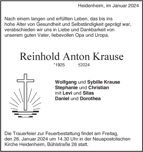 Traueranzeige von Reinhold Anton Krause von Heidenheimer Zeitung