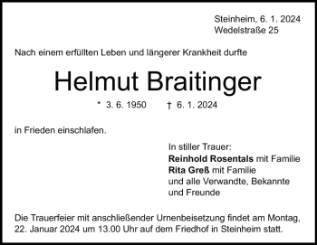 Traueranzeige von Helmut Braitinger von Heidenheimer Zeitung