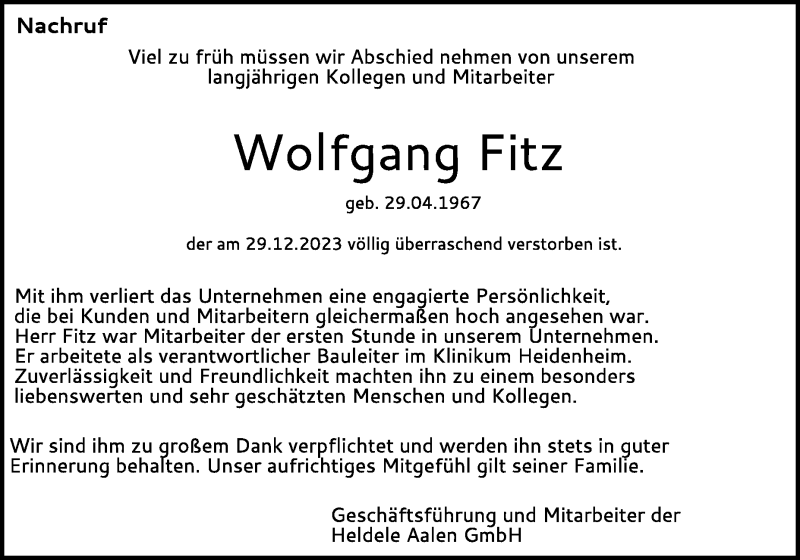 Traueranzeige für Wolfgang Fitz vom 06.01.2024 aus Heidenheimer Zeitung