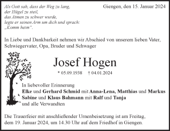 Traueranzeige von Josef Hogen von Heidenheimer Zeitung