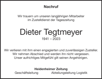 Traueranzeige von Dieter Tegtmeyer von Heidenheimer Zeitung