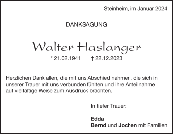 Traueranzeige von Walter Haslanger von Heidenheimer Zeitung