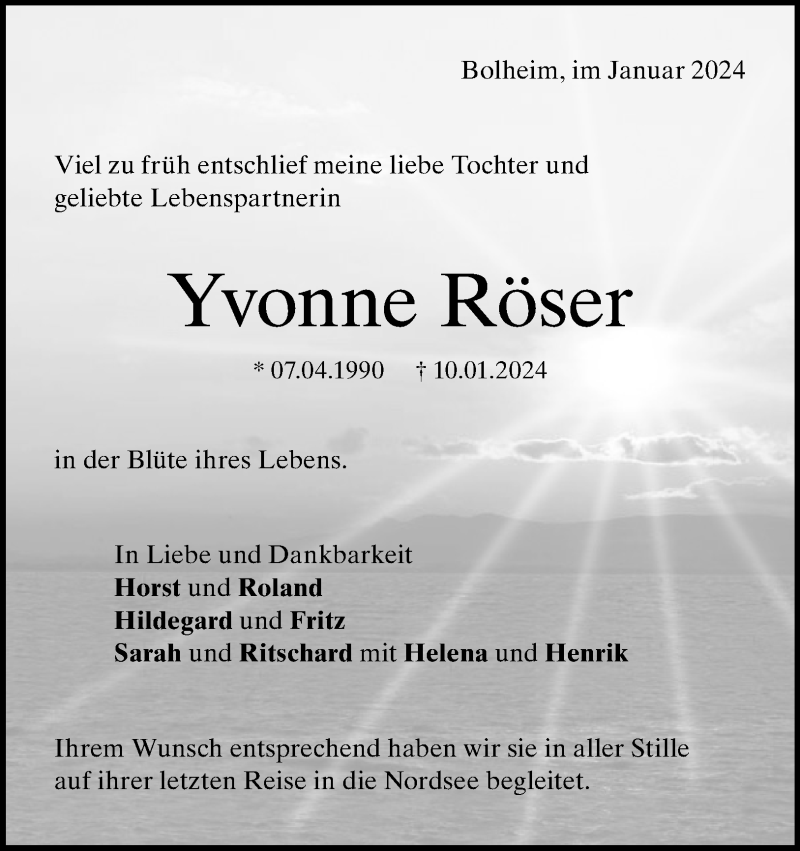  Traueranzeige für Yvonne Röser vom 29.01.2024 aus Heidenheimer Zeitung