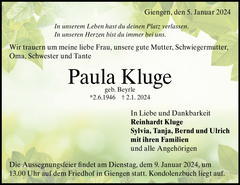  Traueranzeige für Paula Kluge vom 05.01.2024 aus Heidenheimer Zeitung