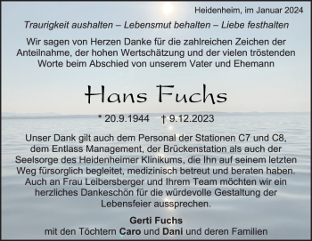 Traueranzeige von hans Fuchs von Heidenheimer Zeitung