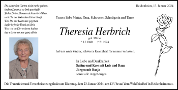 Traueranzeige von Theresia Herbrich von Heidenheimer Zeitung
