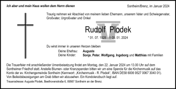 Traueranzeige von Rudolf Plodek von Heidenheimer Zeitung
