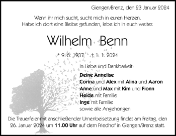 Traueranzeige von Wilhelm Benn von Heidenheimer Zeitung