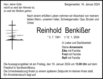 Traueranzeige von Reinhold Benkißer von Heidenheimer Zeitung