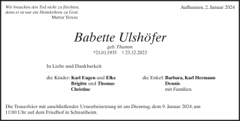 Traueranzeige von Babette Ulshöfer von Heidenheimer Zeitung