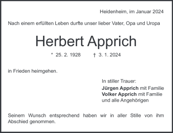 Traueranzeige von Herbert Apprich von Heidenheimer Zeitung