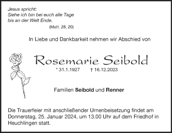 Traueranzeige von Rosemarie Seibold von Heidenheimer Zeitung