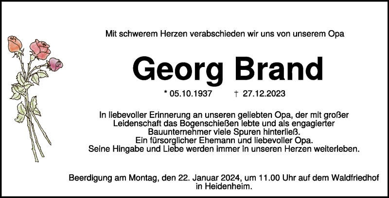  Traueranzeige für Georg Brand vom 18.01.2024 aus Heidenheimer Zeitung