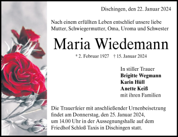 Traueranzeige von Maria Wiedemann von Heidenheimer Zeitung