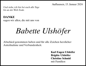 Traueranzeige von Babette Ulshöfer von Heidenheimer Zeitung