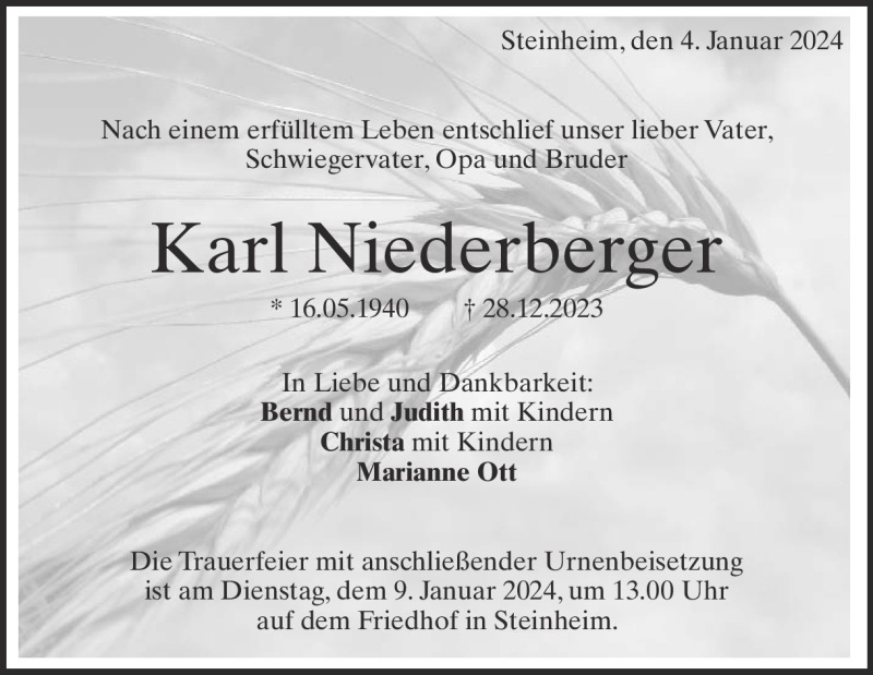  Traueranzeige für Karl Niederberger vom 04.01.2024 aus Heidenheimer Zeitung