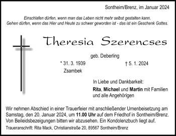 Traueranzeige von Theresia Szerencses von Heidenheimer Zeitung