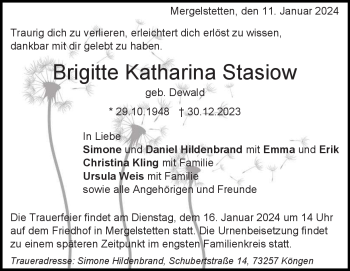 Traueranzeige von Brigitte Katharina Stasiow von Heidenheimer Zeitung