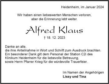 Traueranzeige von Alfred Klaus von Heidenheimer Zeitung