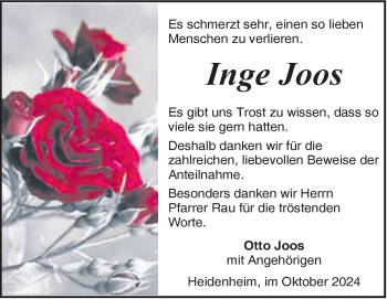 Traueranzeige von Inge Joos von Heidenheimer Zeitung
