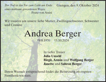 Traueranzeige von Andrea Berger von Heidenheimer Zeitung