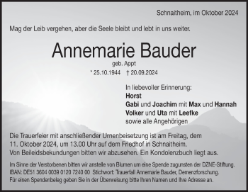 Traueranzeige von Annemarie Bauder von Heidenheimer Zeitung