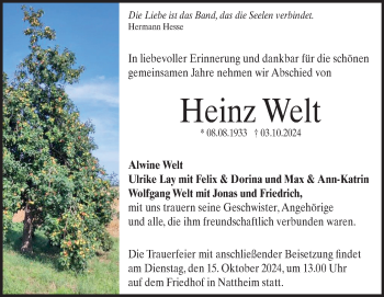 Traueranzeige von Heinz Welt von Heidenheimer Zeitung