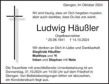 Traueranzeige von Ludwig Häußler von Heidenheimer Zeitung