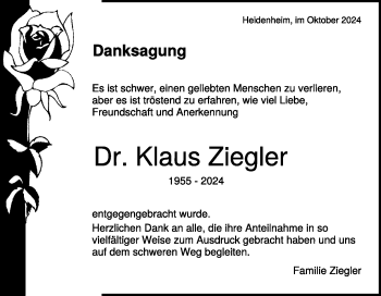 Traueranzeige von Klaus Dr. Ziegler von Heidenheimer Zeitung