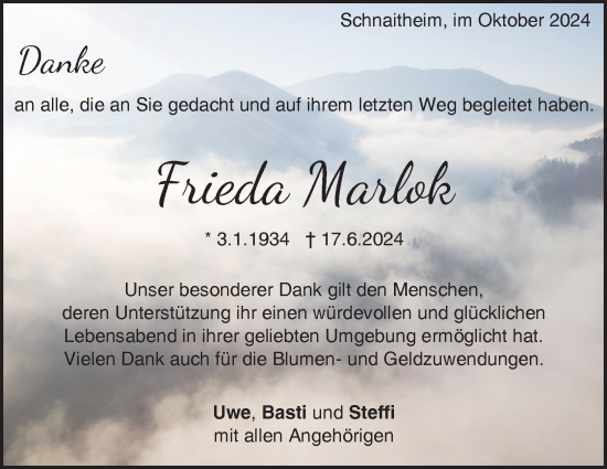 Traueranzeige von Frieda Marlok von Heidenheimer Zeitung