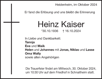 Traueranzeige von Heinz Kaiser von Heidenheimer Zeitung