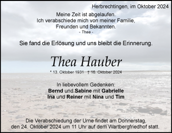 Traueranzeige von Theresia Hauber von Heidenheimer Zeitung