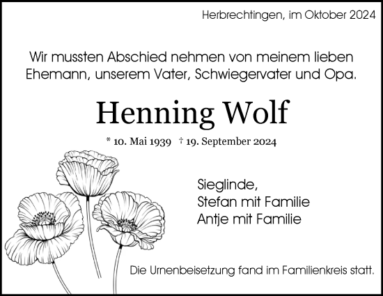 Traueranzeige von Henning Wolf von Heidenheimer Zeitung