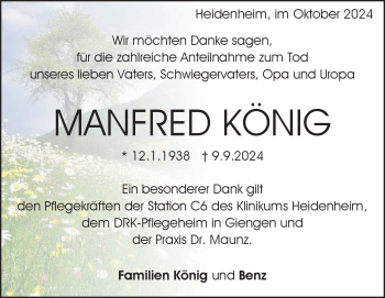 Traueranzeige von Manfred König von Heidenheimer Zeitung