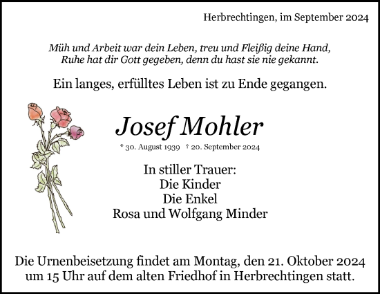 Traueranzeige von Josef Mohler von Heidenheimer Zeitung