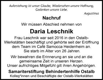Traueranzeige von Daria Leschnik von Heidenheimer Zeitung