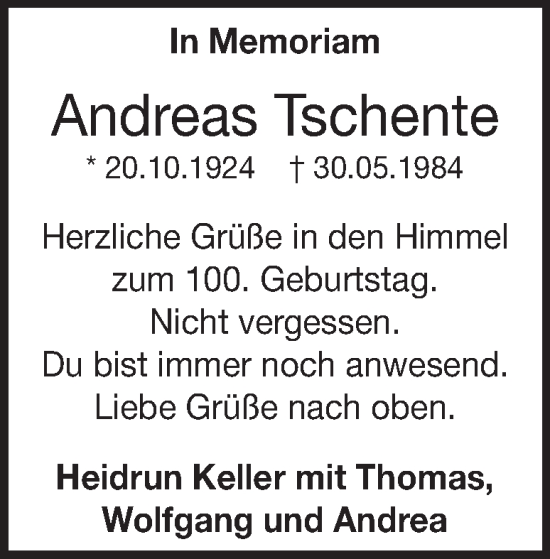 Traueranzeige von Andreas Tschente von Heidenheimer Zeitung