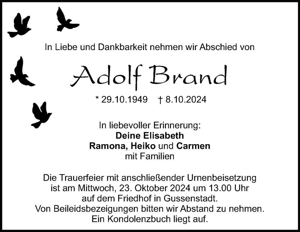  Traueranzeige für Adolf Brand vom 19.10.2024 aus Heidenheimer Zeitung