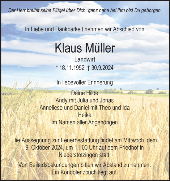 Traueranzeige von Klaus Müller von Heidenheimer Zeitung